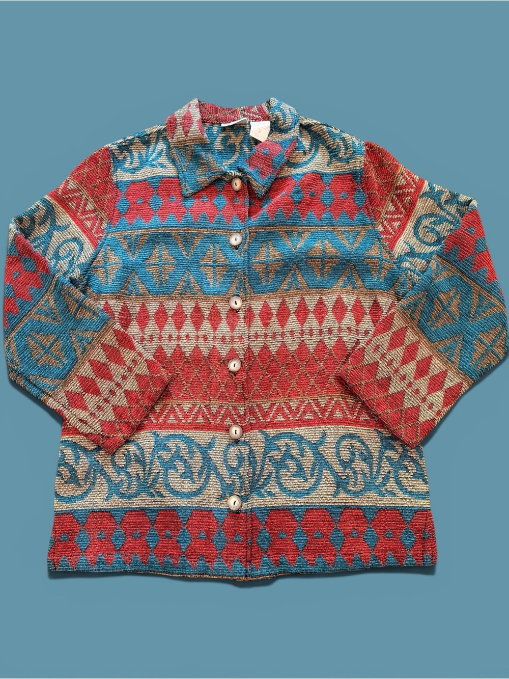Koret Red, Blue, and Tan Geometric Tapestry Pattern Jacket, Boho Cottagecore